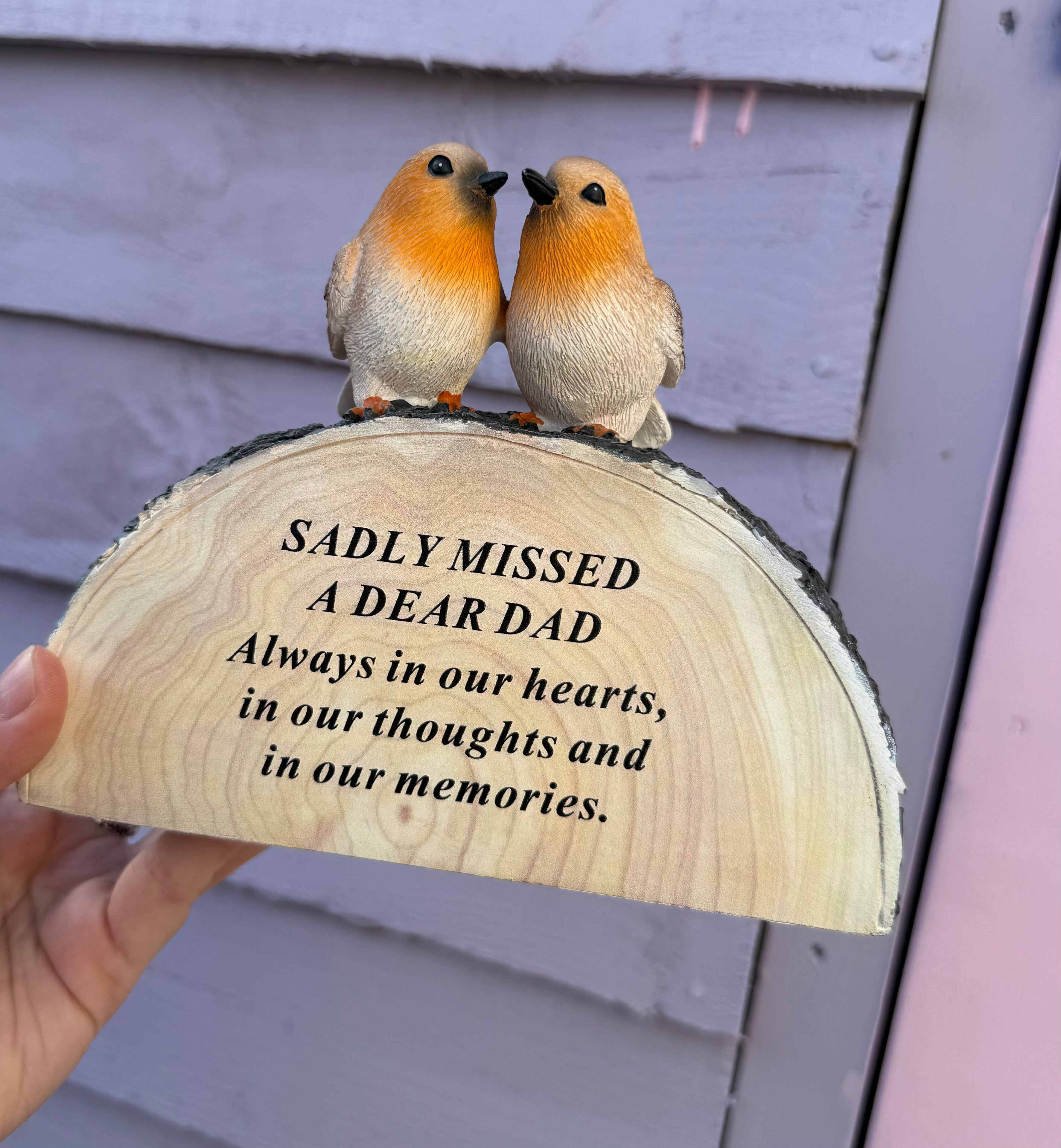 Memorial decor Robin on log- Dad