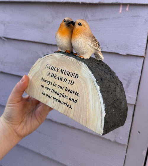 Memorial decor Robin on log- Dad