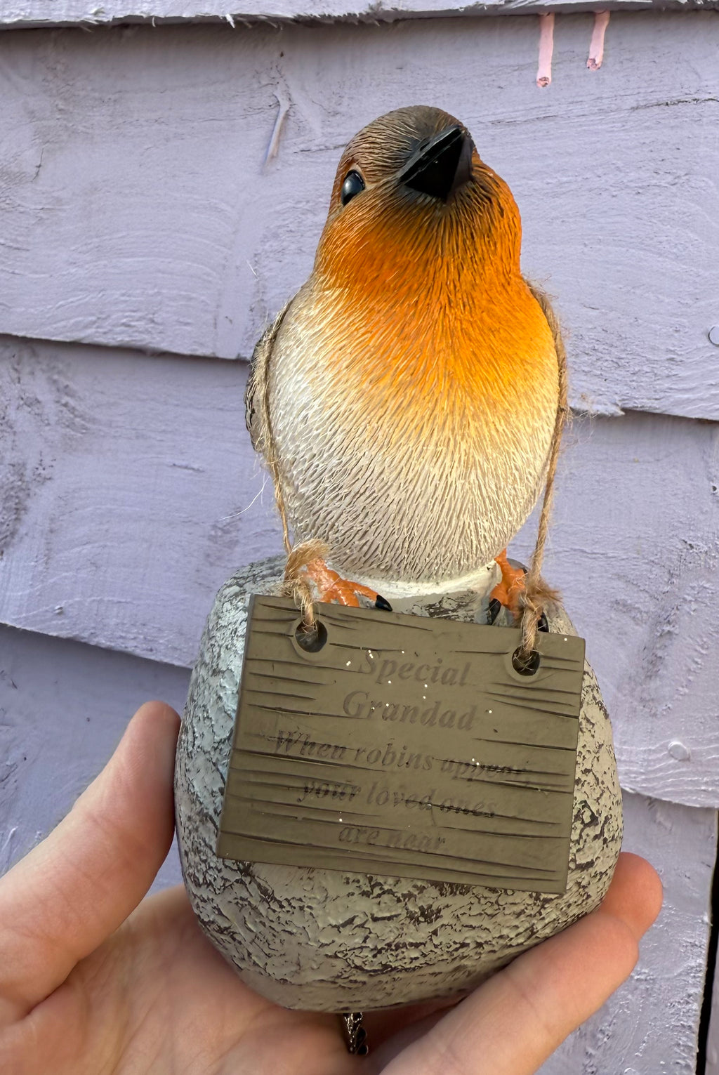 Robin on rock with hanging plaque - Grandad