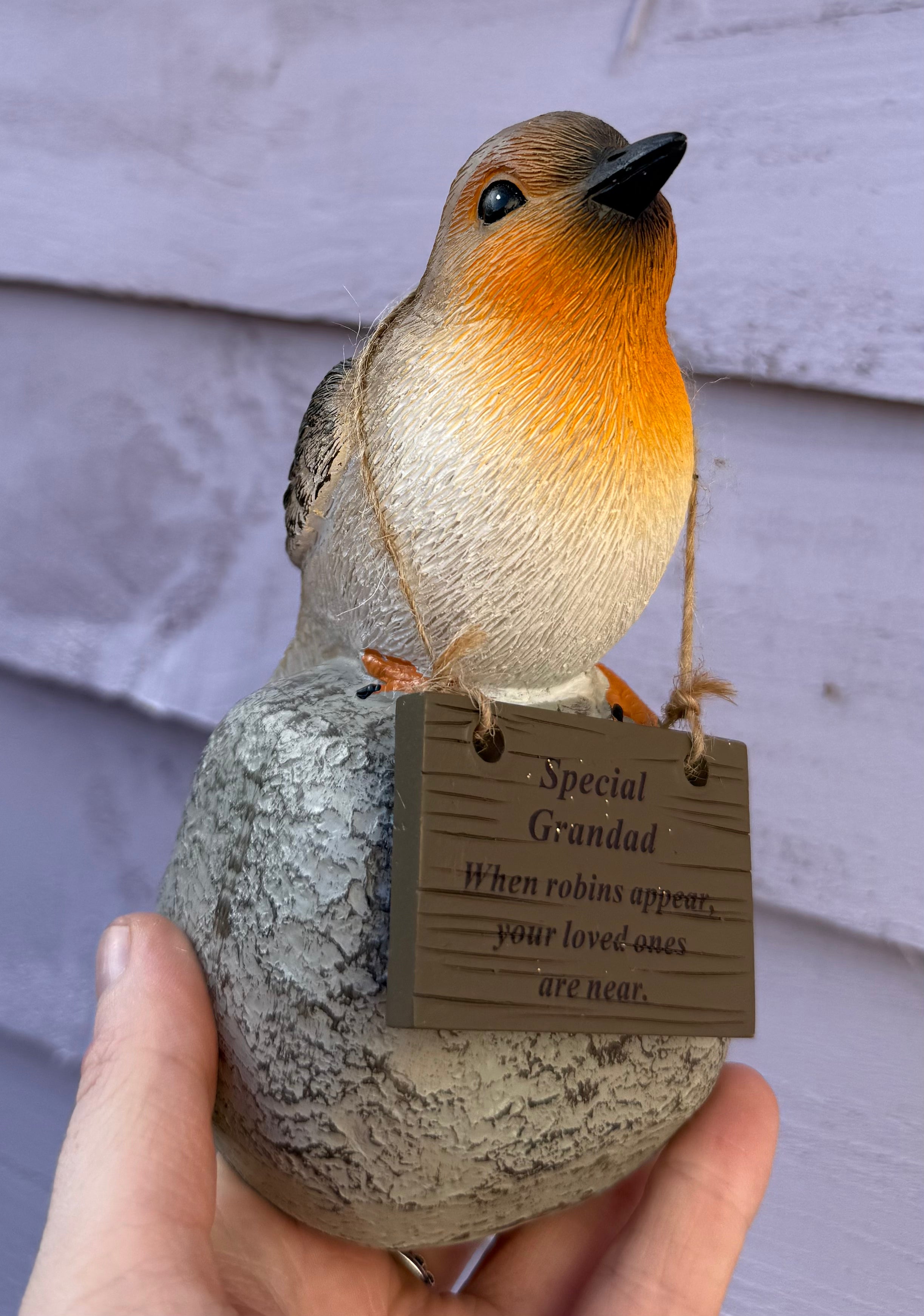 Robin on rock with hanging plaque - Grandad